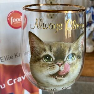 Vintage “Always Classy, A little Sassy” Cat & Paw Prints” Gilded Wine Glass